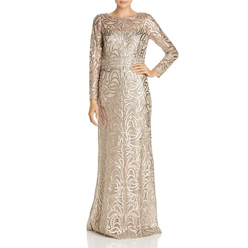 Tadashi Shoji Sand Lace Sequin Embellished Long Sleeve Maxi Evening Dress Size 6